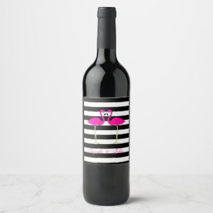 Pink Flamingos, Black, White Stripes Personalized Wine Label