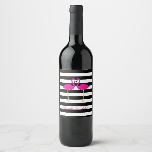 Pink Flamingos, Black, White Stripes Personalized Wine Label (Front)
