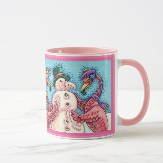 Pink Flamingos Building Snowman CHRISTMAS Mug (Right)