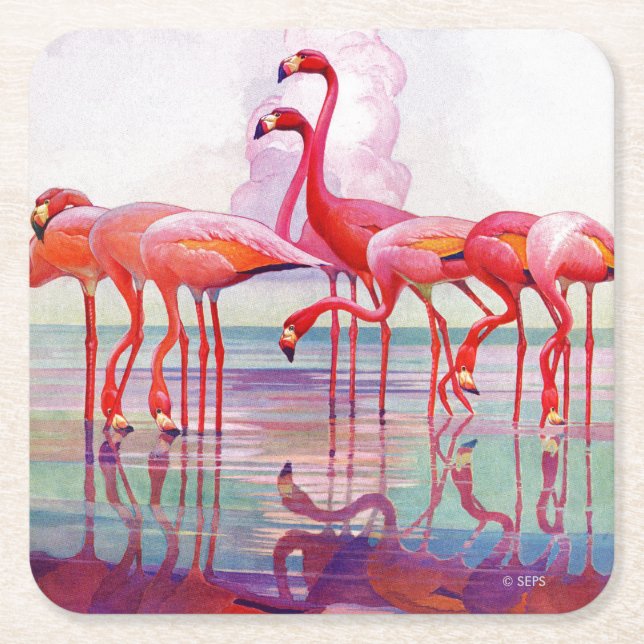 Pink Flamingos by Francis Lee Jaques Square Paper Coaster (Front)