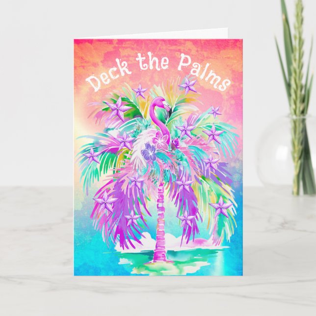 Pink Flamingos Christmas Palm Tree Personalized  Card (Front)