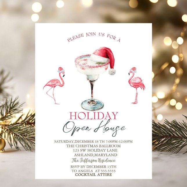 Pink Flamingos Cocktail Santa Hat Open House  Invitation (Creator Uploaded)