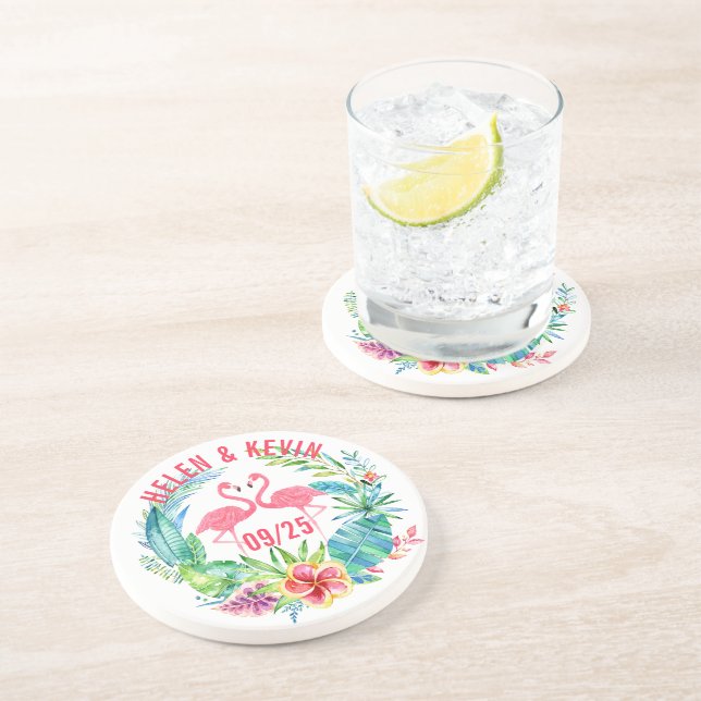 Pink Flamingos Colourful Tropical Flowers Wreath Coaster (Side)