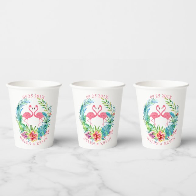 Pink Flamingos Colourful Tropical Flowers Wreath Paper Cups (Multi)