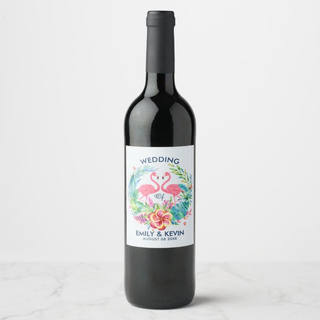 Pink Flamingos Colourful Tropical Flowers Wreathgo Wine Label (Front)