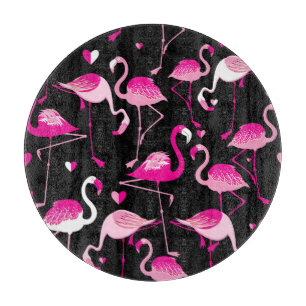 Pink flamingos, dark seamless pattern. cutting board