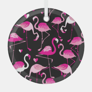 Pink flamingos, dark seamless pattern. glass ornament