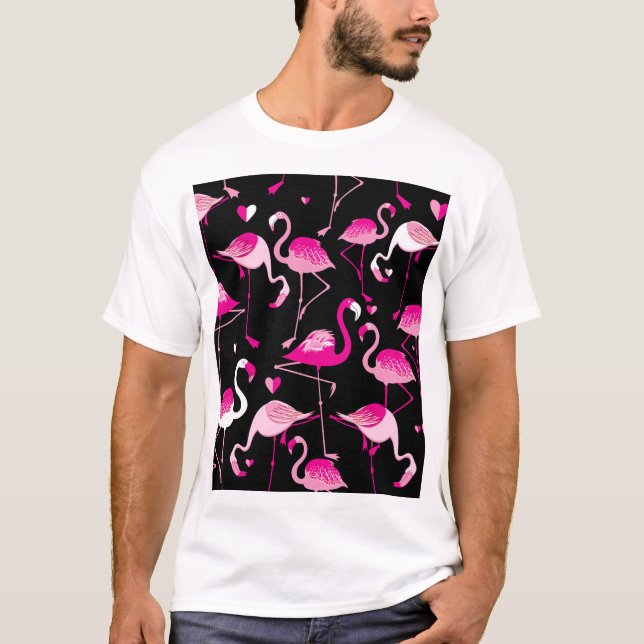 Pink flamingos, dark seamless pattern. T-Shirt (Front)