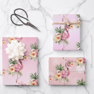 Pink Flamingos Exotic Flowers Wrapping Paper Sheet
