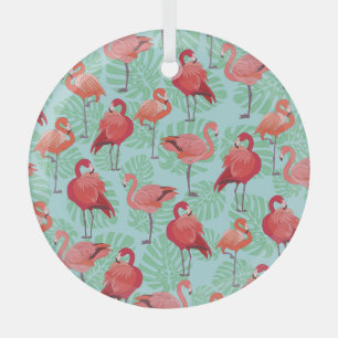 Pink Flamingos: Exotic Seamless Pattern. Glass Ornament