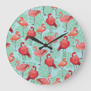 Pink Flamingos: Exotic Seamless Pattern. Large Clock