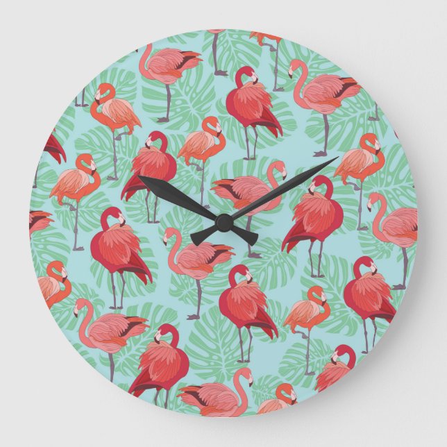 Pink Flamingos: Exotic Seamless Pattern. Large Clock (Front)