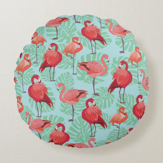 Pink Flamingos: Exotic Seamless Pattern. Round Pillow (Front)