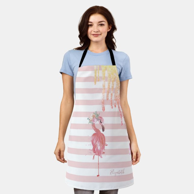 Pink Flamingos,Flower,Glitter Drips,Stripes  Apron (Worn)