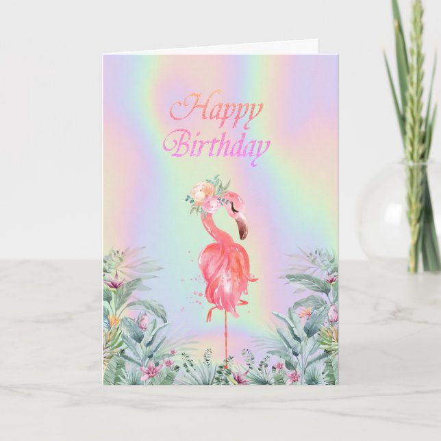  Pink Flamingos Flowers Holographic Birthday  Card (Front)