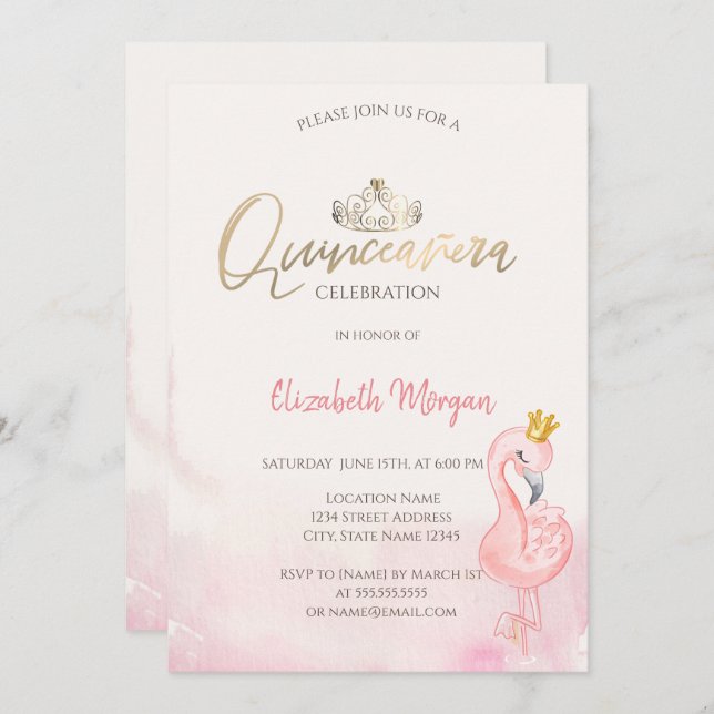Pink Flamingos Gold Tiara Quinceañera Invitation (Front/Back)