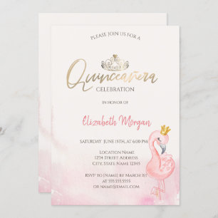 Pink Flamingos Gold Tiara Quinceañera Invitation