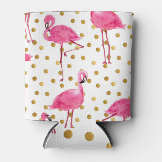 Pink flamingos, golden dots, watercolor. can cooler