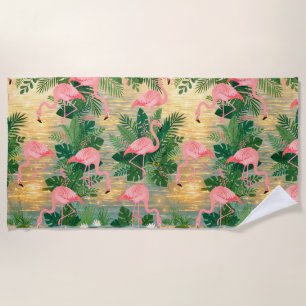 Pink Flamingos Golden Sunset Lagoon Tropical Vibe Beach Towel