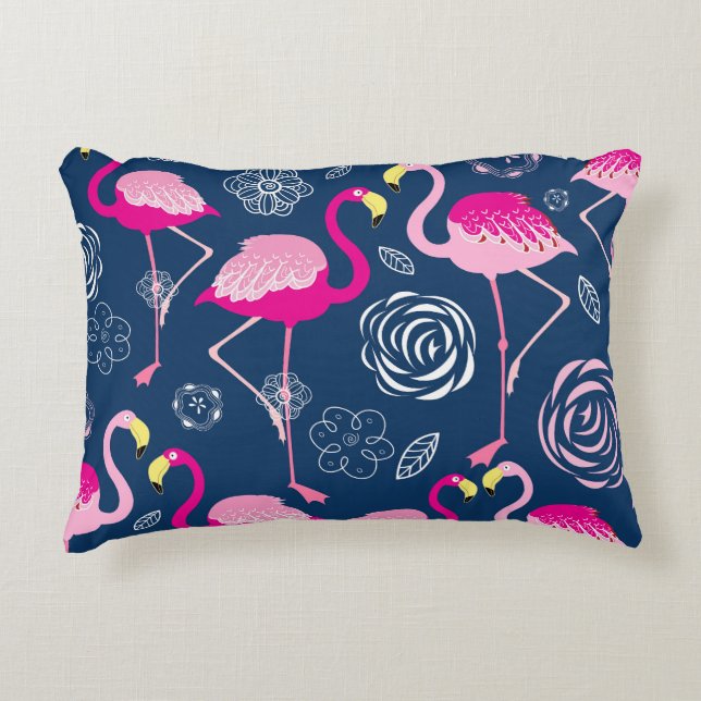 Pink Flamingos: Graphic Dark Pattern Accent Pillow (Front)