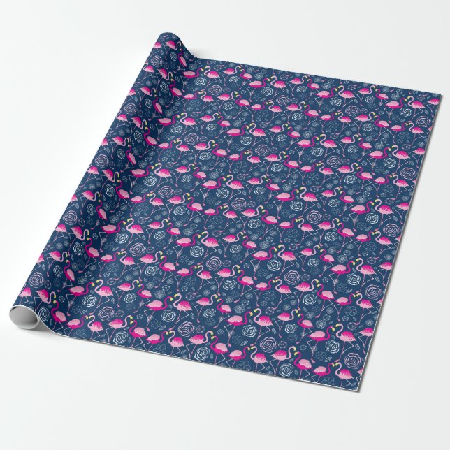 Pink Flamingos: Graphic Dark Pattern Wrapping Paper (Unrolled)