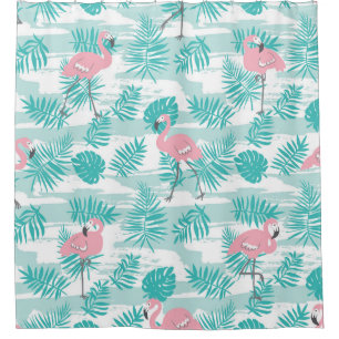 Pink flamingos, green palm leaves, tropical.