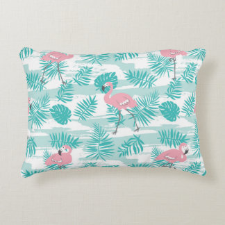 Pink flamingos, green palm leaves, tropical. accent pillow