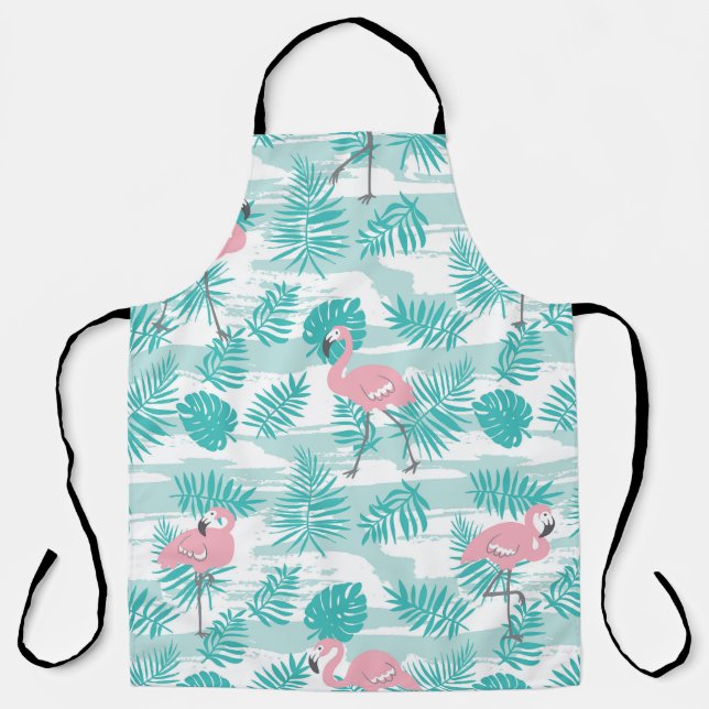 Pink flamingos, green palm leaves, tropical. apron (Front)