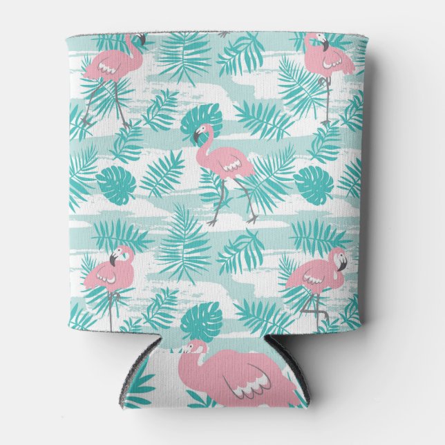 Pink flamingos, green palm leaves, tropical. can cooler (Front)