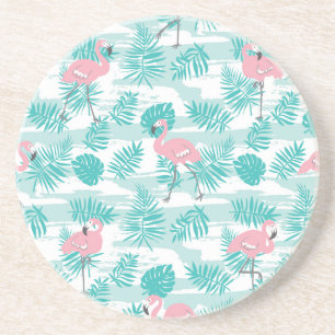 Pink flamingos, green palm leaves, tropical. coaster