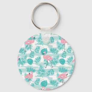Pink flamingos, green palm leaves, tropical. keychain