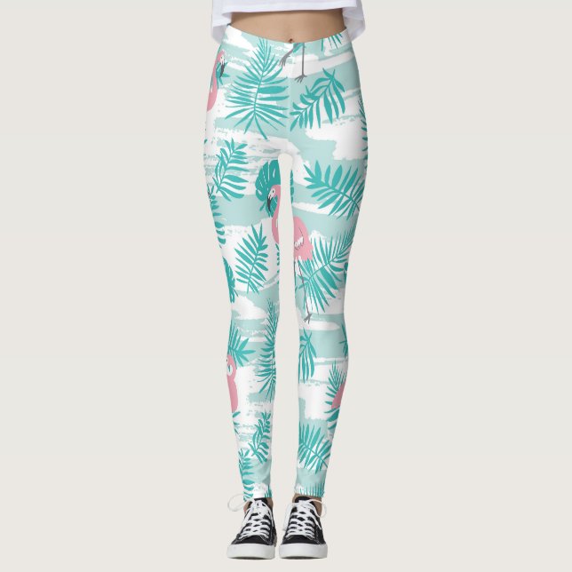 Pink flamingos, green palm leaves, tropical. leggings (Front)