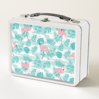 Pink flamingos, green palm leaves, tropical. metal lunch box