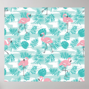Pink flamingos, green palm leaves, tropical. poster