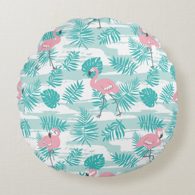 Pink flamingos, green palm leaves, tropical. round pillow (Front)