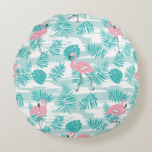 Pink flamingos, green palm leaves, tropical. round pillow