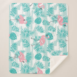 Pink flamingos, green palm leaves, tropical. sherpa blanket