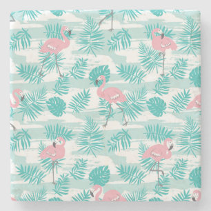 Pink flamingos, green palm leaves, tropical. stone coaster