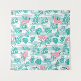 Pink flamingos, green palm leaves, tropical. tapestry