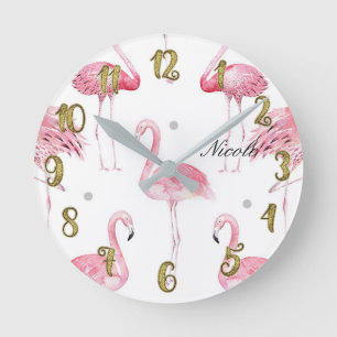 Pink Flamingos Grey Polka Dots Chic Minimal Custom Round Clock