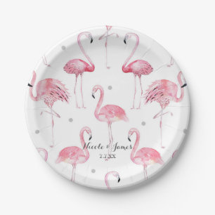 Pink Flamingos Grey Polka Dots Chic Pattern Party Paper Plate