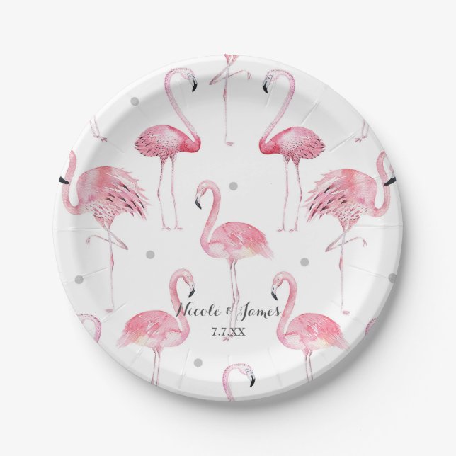 Pink Flamingos Grey Polka Dots Chic Pattern Party Paper Plate (Front)