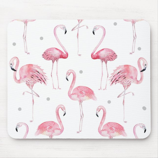 Pink Flamingos Grey Polka Dots Chic Watercolor Mouse Pad (Front)