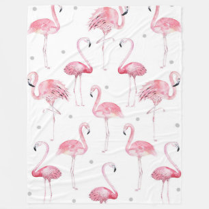 Pink Flamingos Grey Polka Dots Pattern Fleece Blanket