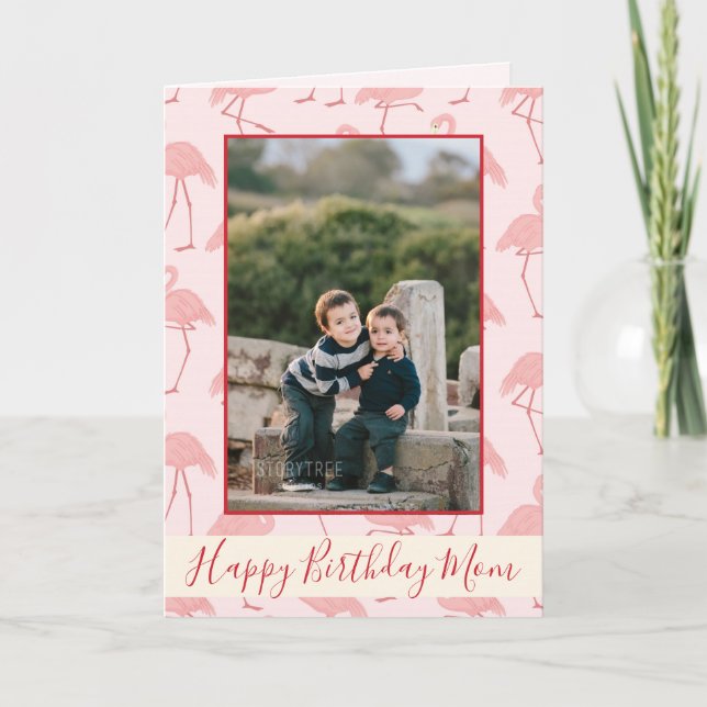 Pink Flamingos Happy Birthday Mom Photo Card (Front)