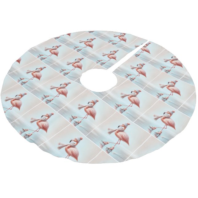 Pink Flamingos Ice Skating Brushed Polyester Tree Skirt (Angled)