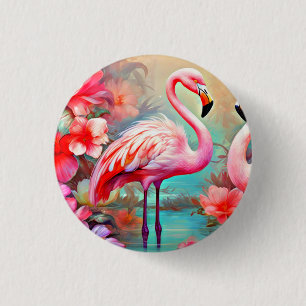 Pink Flamingos in A Lake with Flowers-20231 1 Inch Round Button