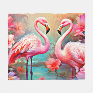 Pink Flamingos in A Lake with Flowers-20231 Fleece Blanket