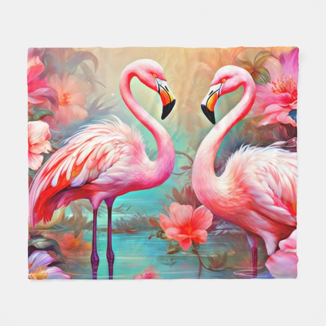 Pink Flamingos in A Lake with Flowers-20231 Fleece Blanket (Front (Horizontal))