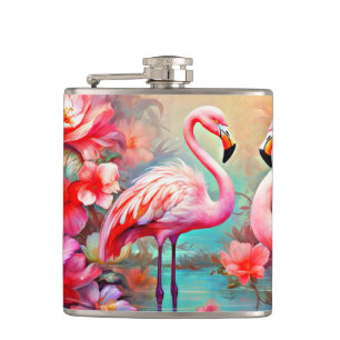 Pink Flamingos in A Lake with Flowers-20231 Hip Flask